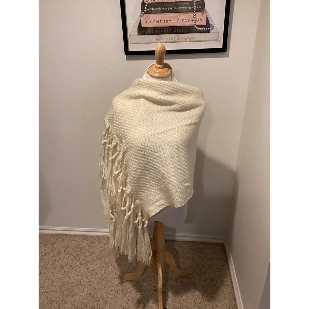 Cream Woven Shawl Scarf Fringed Tassel Textured‎ Boho Wrap Accessory